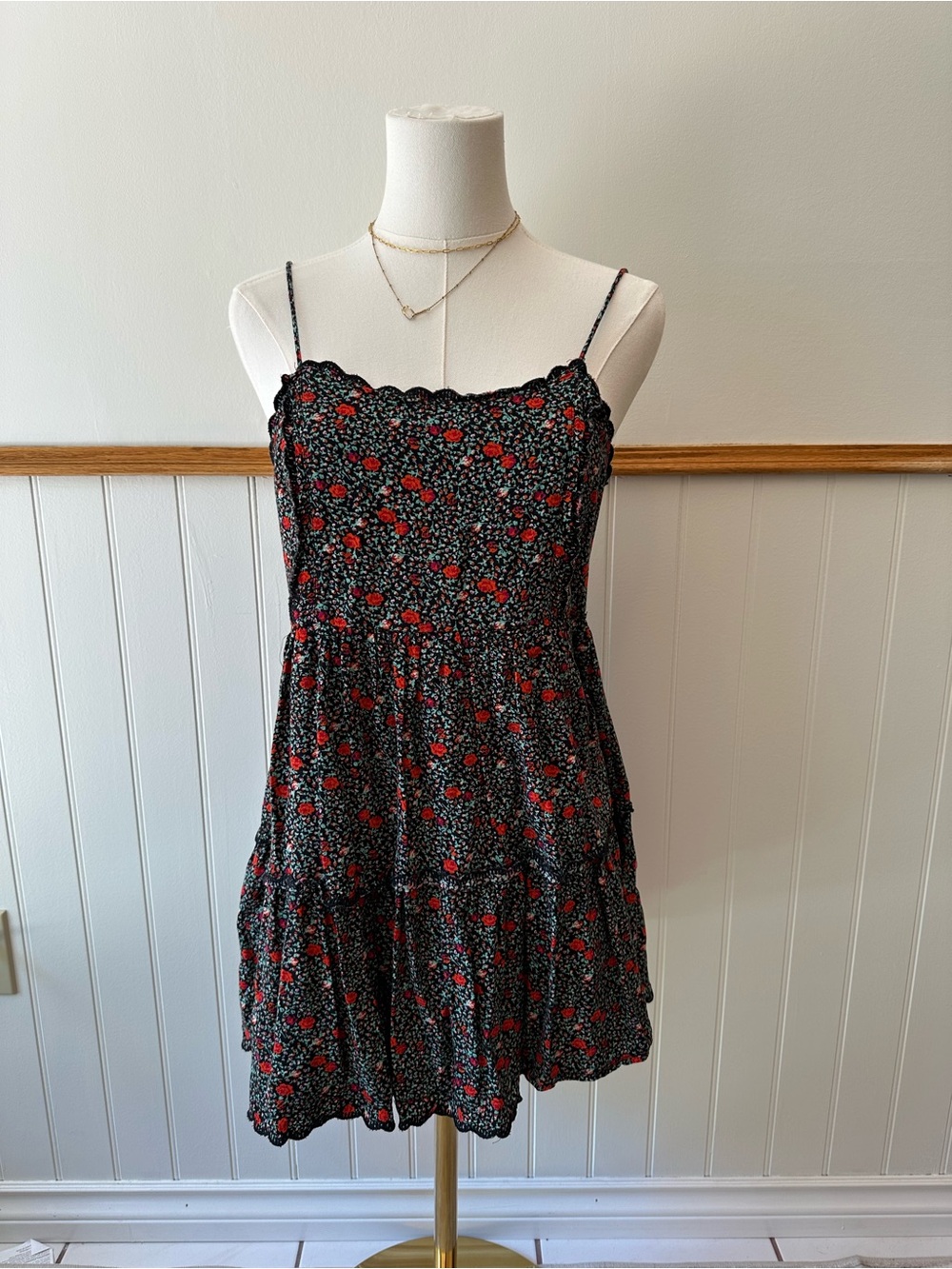 Urban Outfitters Black Floral Smocked Mini Dress with Red Accents - Picture 2 of 7